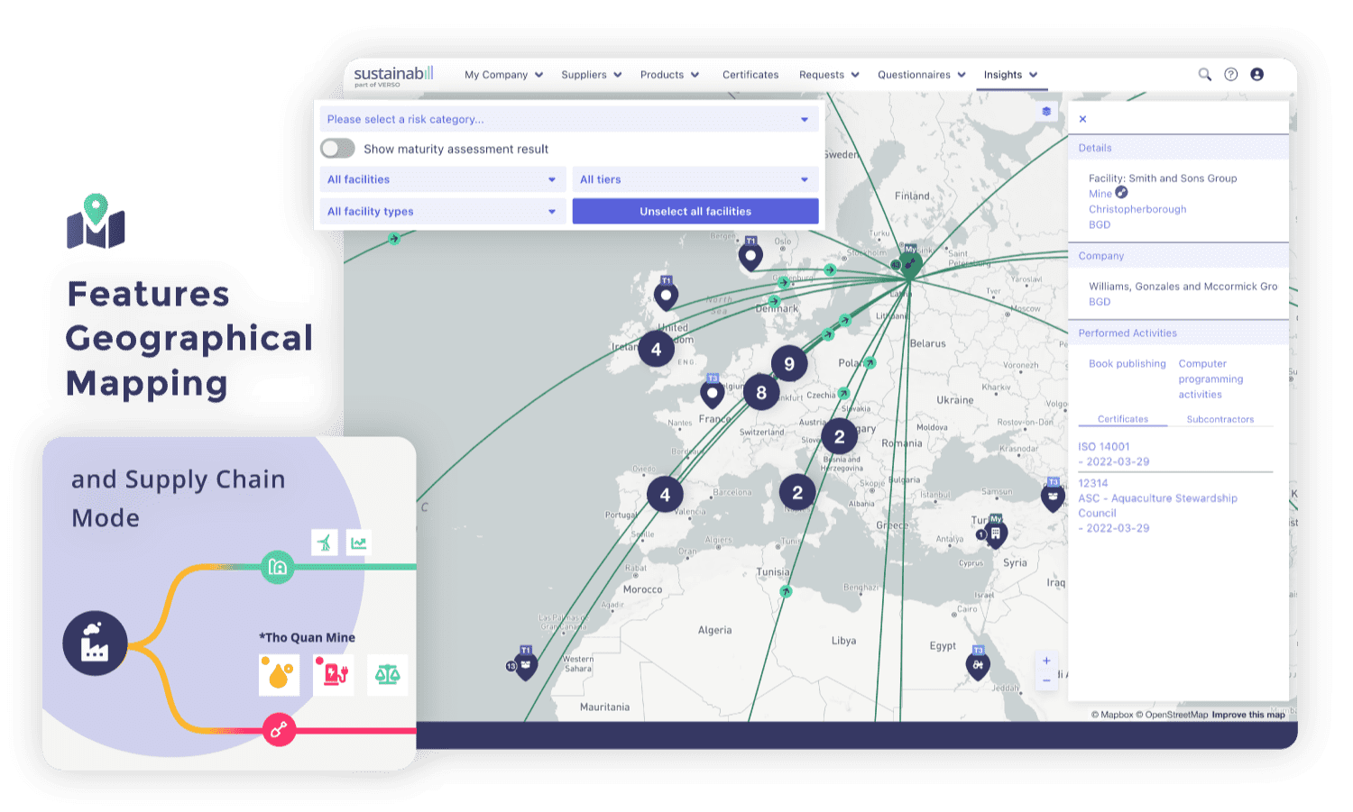Screenshot aus der Supply Chain Plattform, Detailansicht der Geographical-Mapping-Funktion