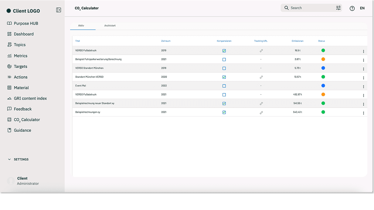 Screenshot aus der Climate Software: Co2 Kalkulator