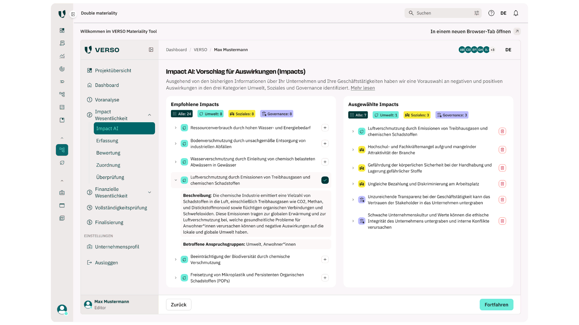 Identifikation der Auswirkungen, Risiken und Chancen (IROs) in der VERSO Software