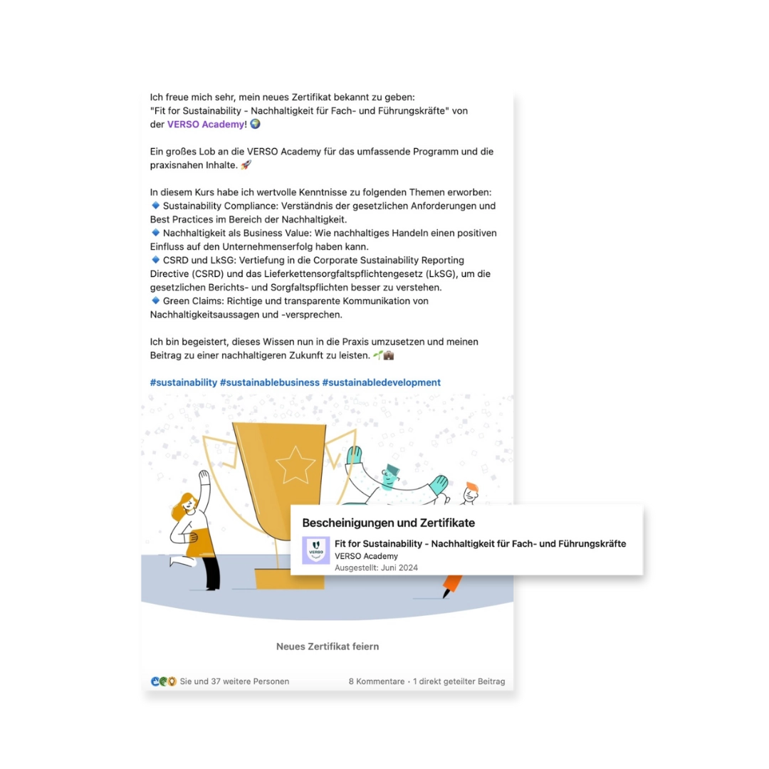 LinkedIn-Zertifikat für den Kurs Fit for Sustainability