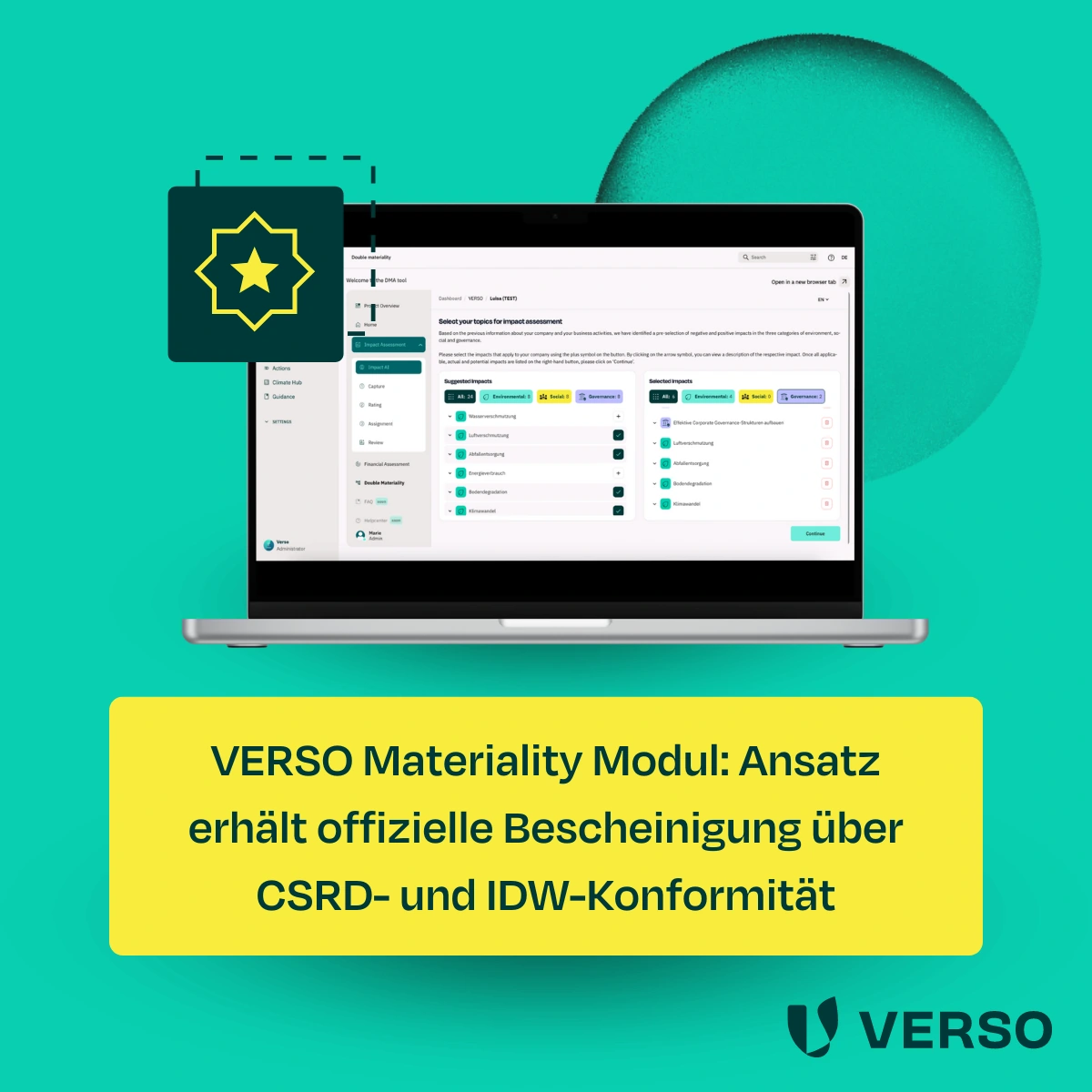 Notebook, in dem das VERSO Materiality Modul geöffnet ist, darauf der Text: VERSO Materiality Modul: Ansatz erhält offizielle Bescheinigung über CSRD- und IDW-Konformität