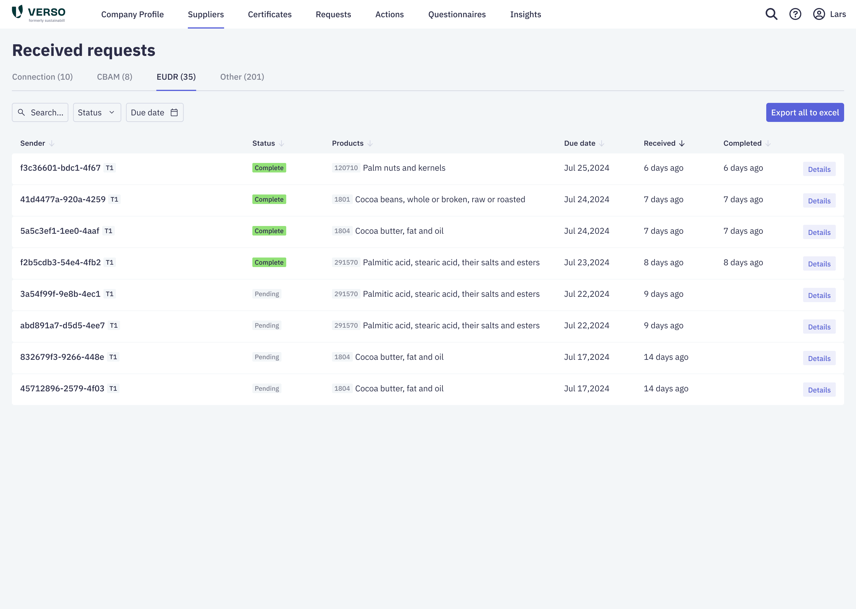 Screenshot vom EUDR-Modul des VERSO Supply Chain Hub