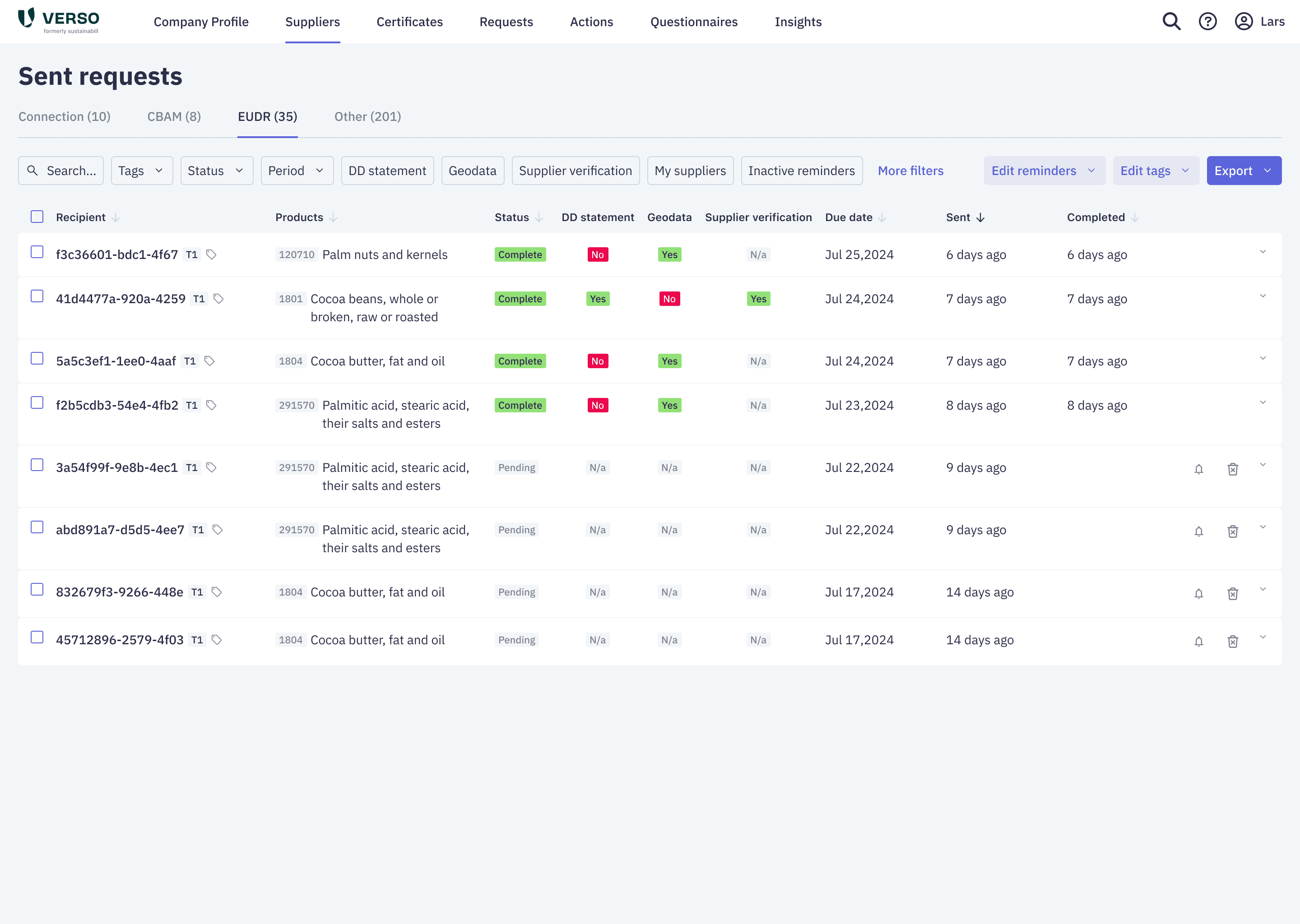 Screenshot vom EUDR-Modul des VERSO Supply Chain Hub