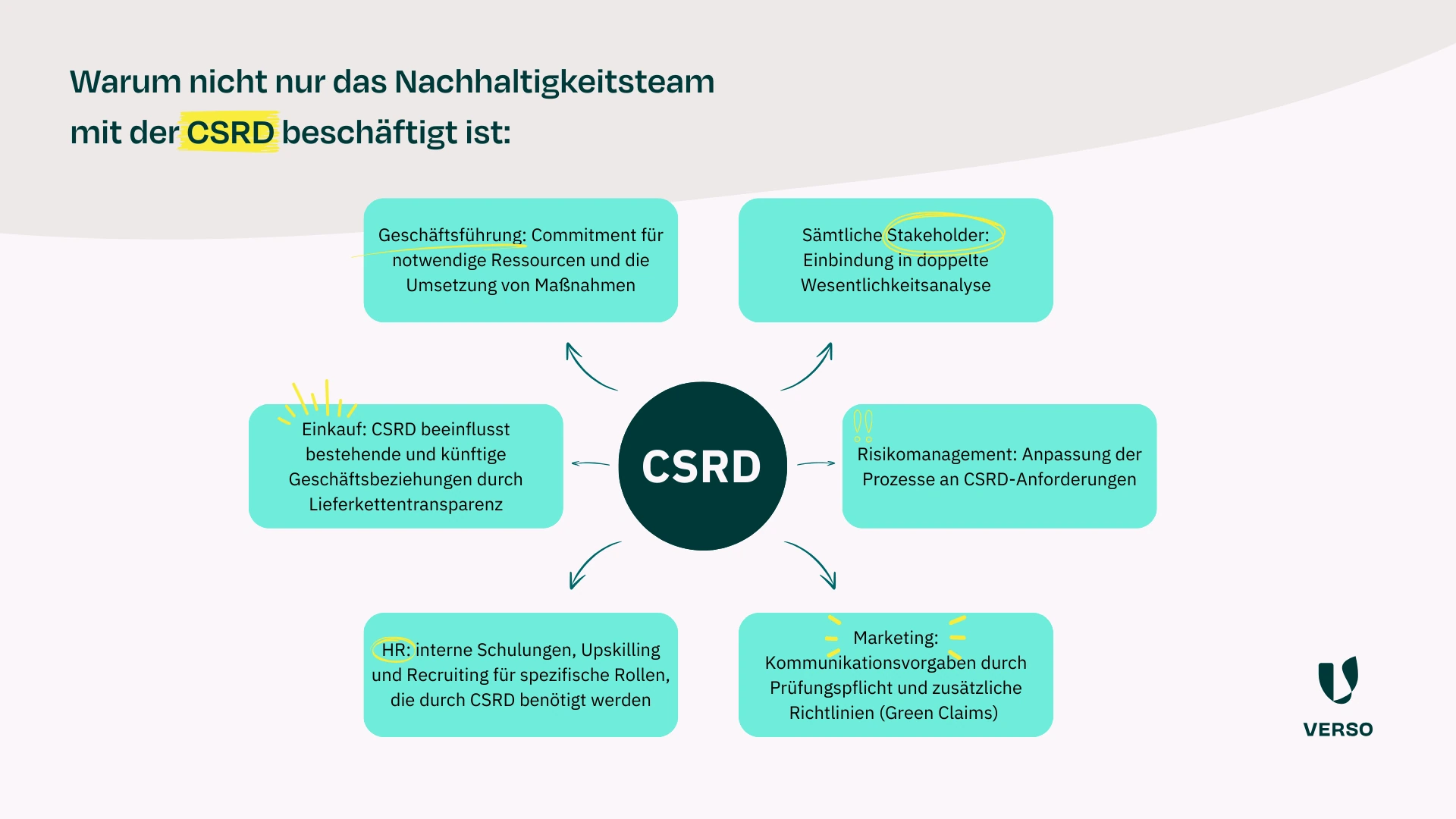 CSRD betrifft das ganze Unternehmen – Geschäftsführung, Stakeholder, Risikomanagement, Marketing, HR, Einkauf.