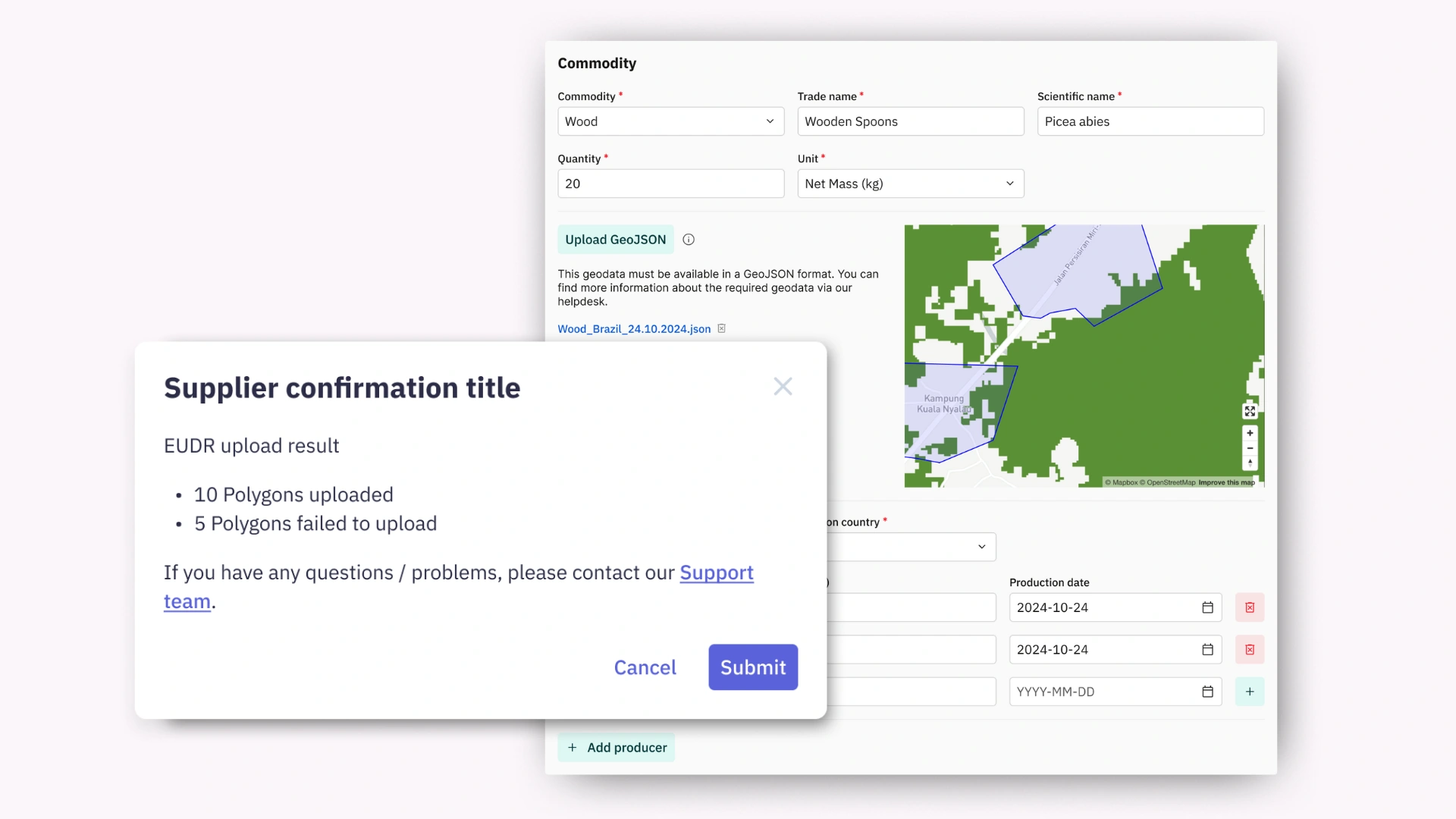 Screenshot aus dem EUDR-Modul im VERSO Supply Chain Hub