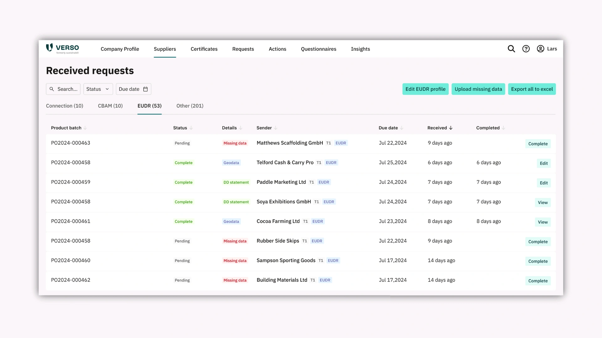 Screenshot aus dem EUDR-Modul im VERSO Supply Chain Hub