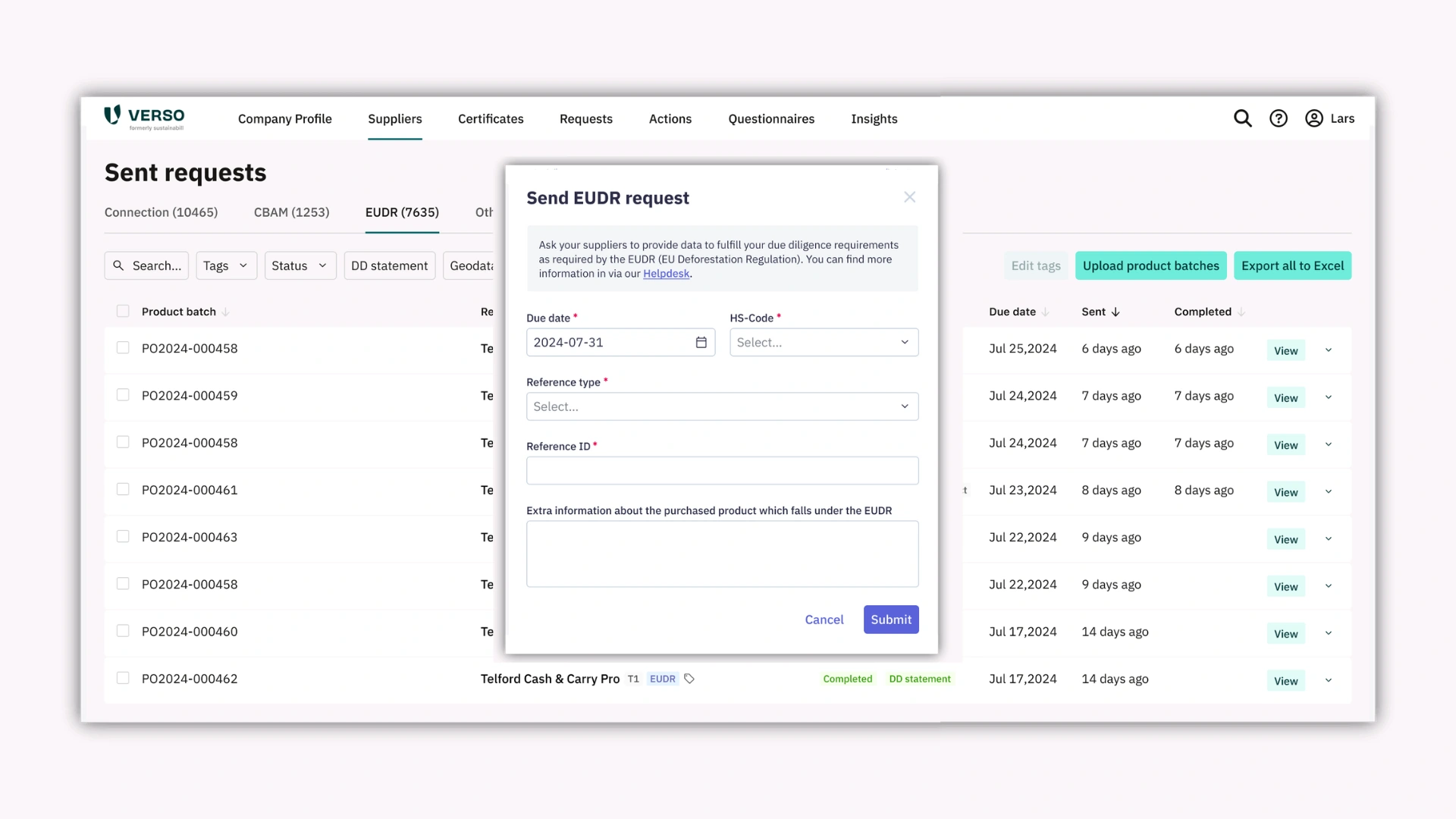 Screenshot aus dem EUDR-Modul im VERSO Supply Chain Hub