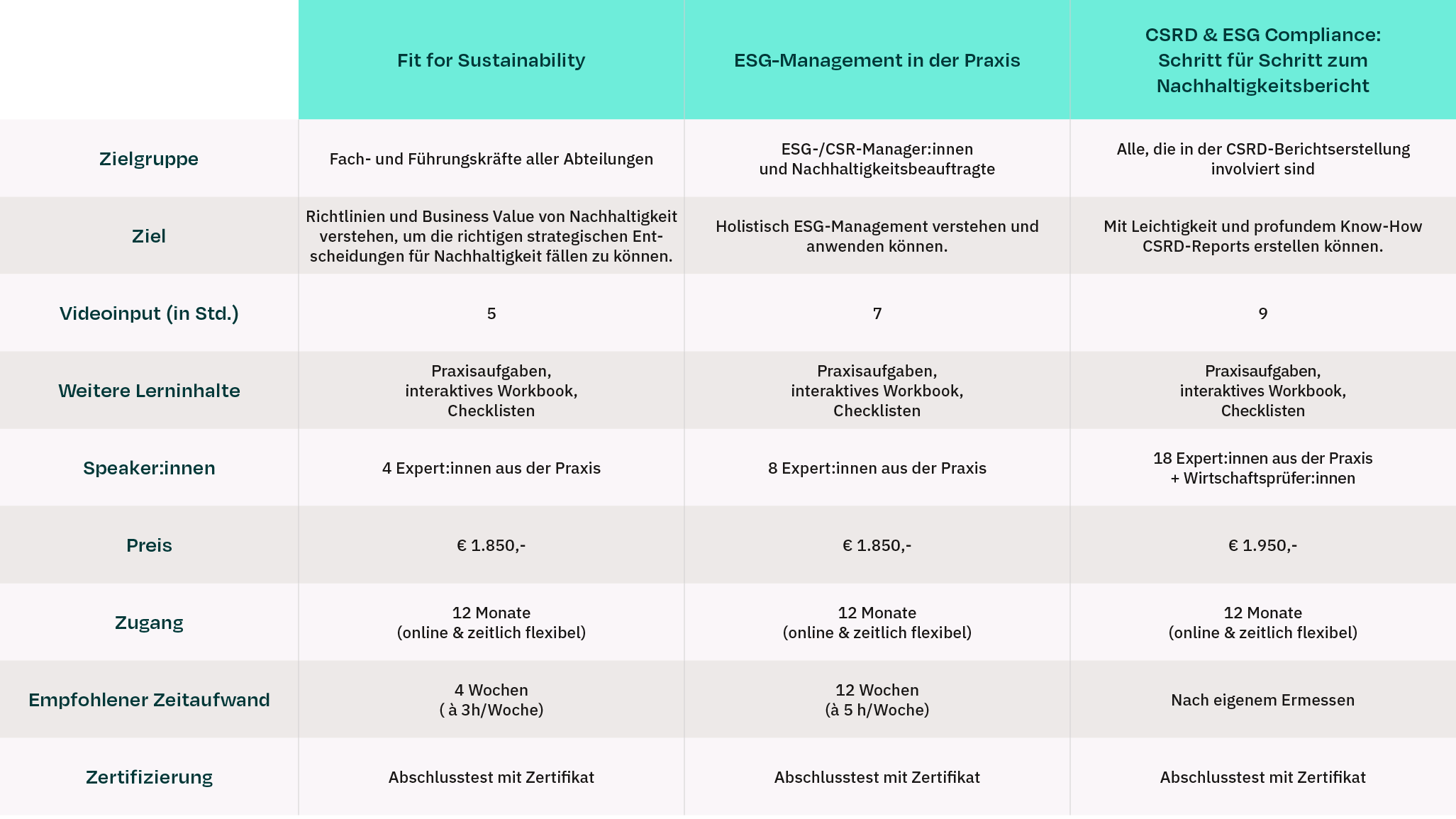 Kurse der VERSO Academy im Vergleich