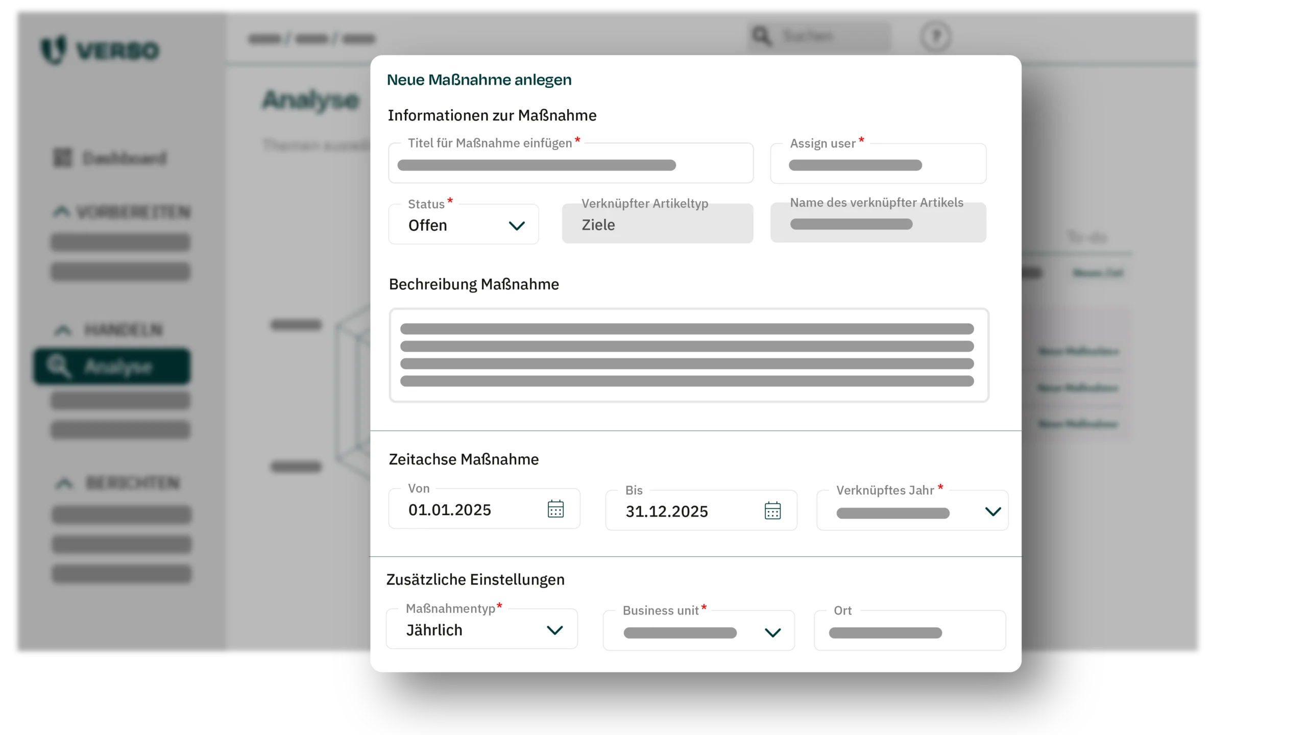 Popup zum Erstellen einer ESG-Maßnahme im VERSO Action Navigator
