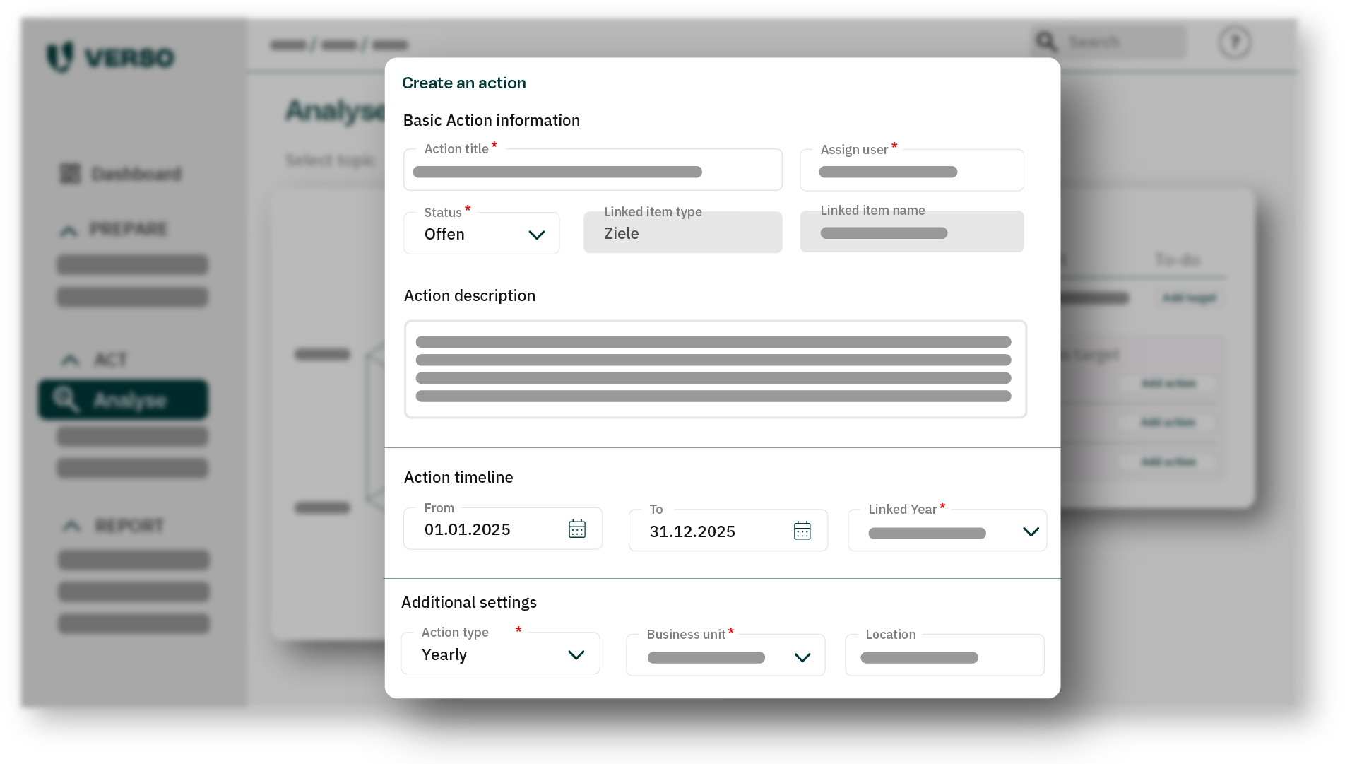 Popup for Creating an Action in the VERSO Action Navigator
