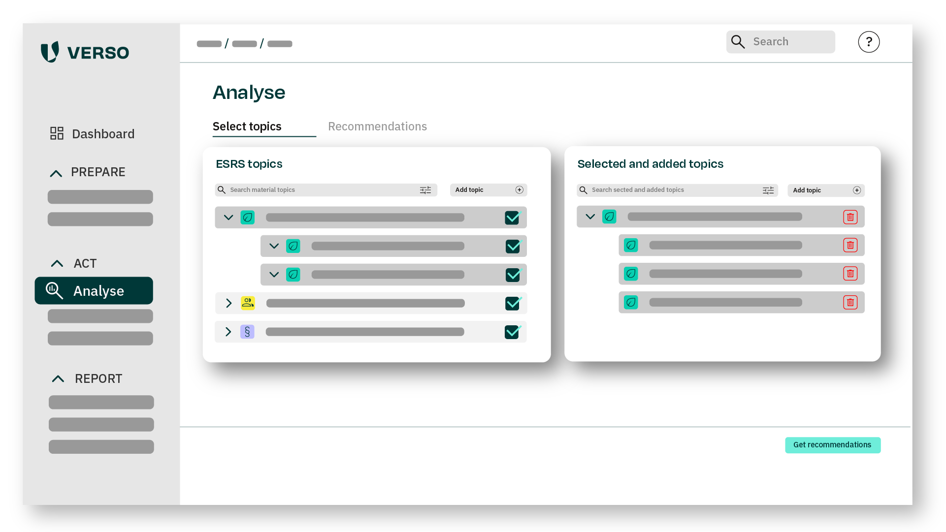 Topic selection in the VERSO Action Navigator, based on materiality analysis