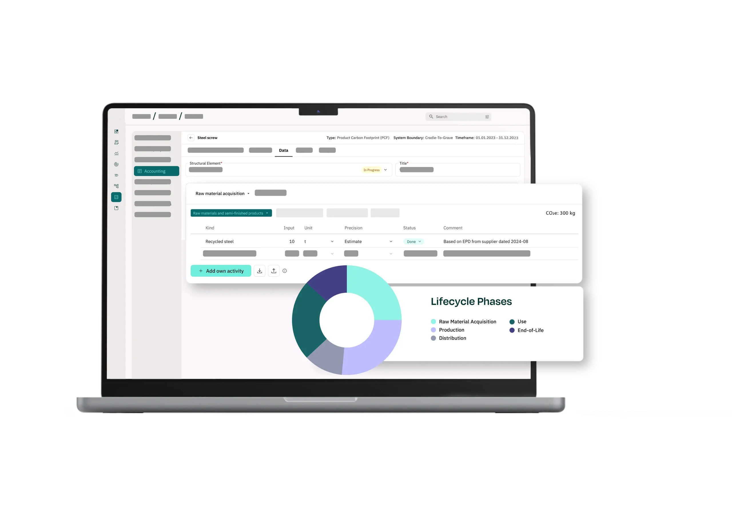 Dashboard: life cycle phases in the PCF module of the VERSO Climate Hub